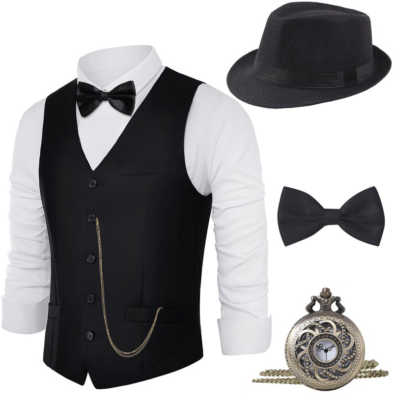 BABEYOND 1920s Mens Costume, Gatsby Gangster Costume Accessories Set For Men, 1920s Mens Outfit with Fedora Hat Vintage Vest Bowtie Pocket Watch Armbands - Image 1